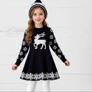 Navy Blue Snowflake & Reindeer Knit Skater Dress, girls